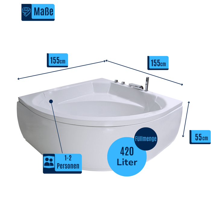 Apollo Eck-Badewanne für 2 Personen - LED Ambiente, Wasserfall und Kopfstützen