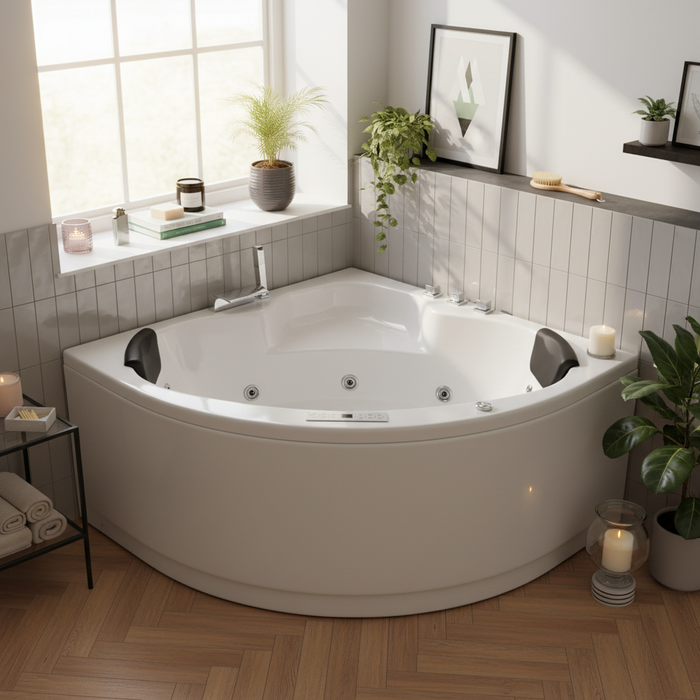 RIO Indoor Eck-Whirlpool Badewanne – 21 Massagedüsen, LED, Ozon & Heizung