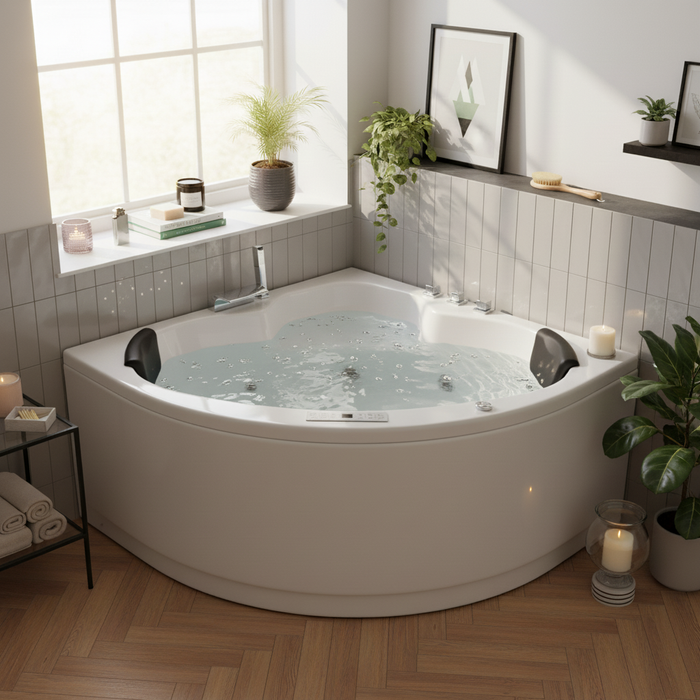 RIO Indoor Eck-Whirlpool Badewanne – 21 Massagedüsen, LED, Ozon & Heizung
