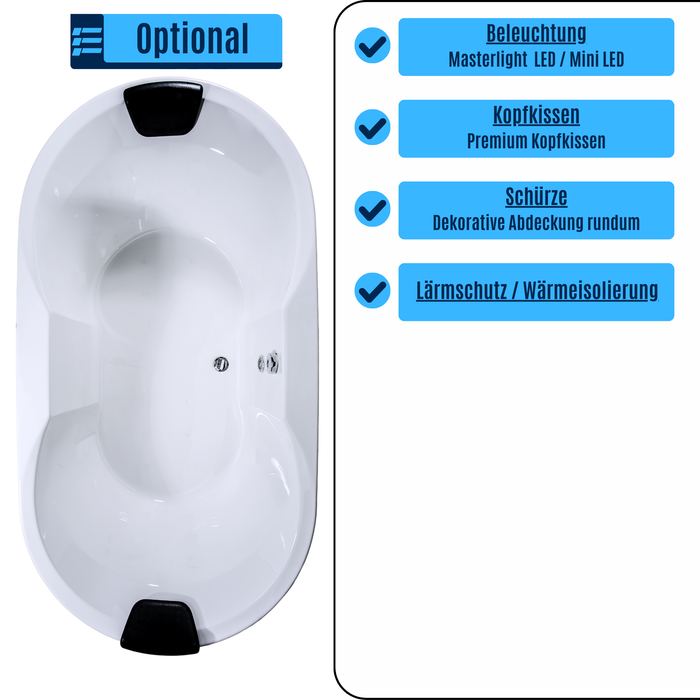 Miami Badewanne für 2 Personen - LED Ambiente, Wasserfall und Kopfstützen