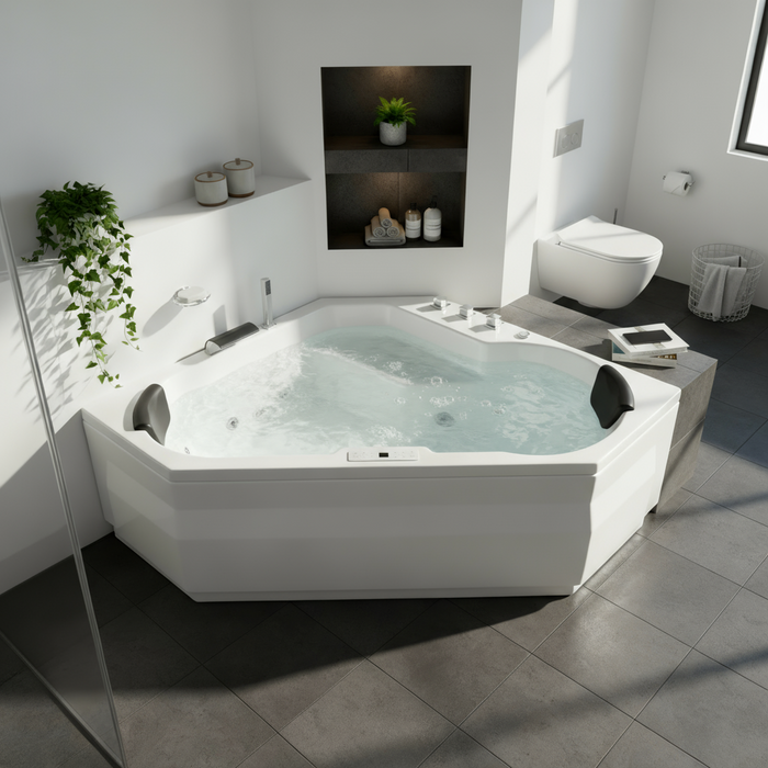 Samoa Indoor Eck-Whirlpool Badewanne – 24 Massagedüsen, LED, Ozon & Heizung