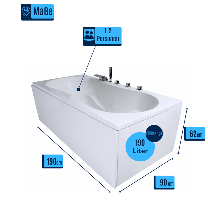 Trento Badewanne für 2 Personen - LED Ambiente, Wasserfall und Kopfstützen