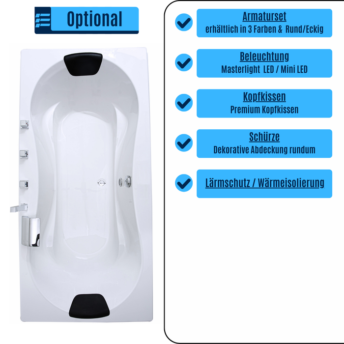 Trento Badewanne für 2 Personen - LED Ambiente, Wasserfall und Kopfstützen