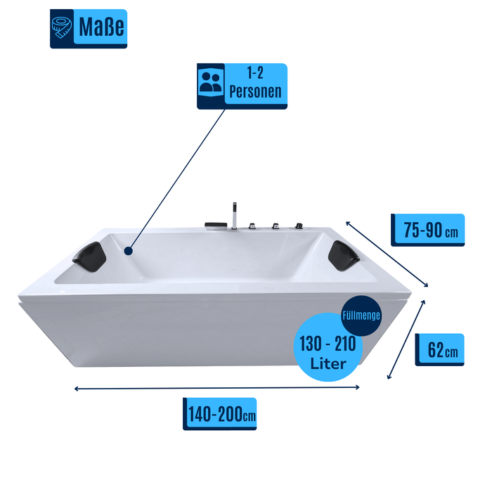 X- Tube Badewanne für 2 Personen - LED Ambiente, Wasserfall und Kopfstützen