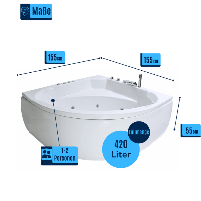 Apollo Premium Indoor Eck - Whirlpool - 24 Massagedüsen, LED, Ozon und Heizung - Caribia