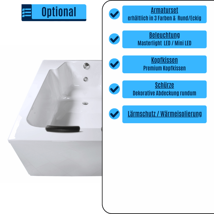 Classic Badewanne für 2 Personen - LED Ambiente, Wasserfall und Kopfstützen - Caribia