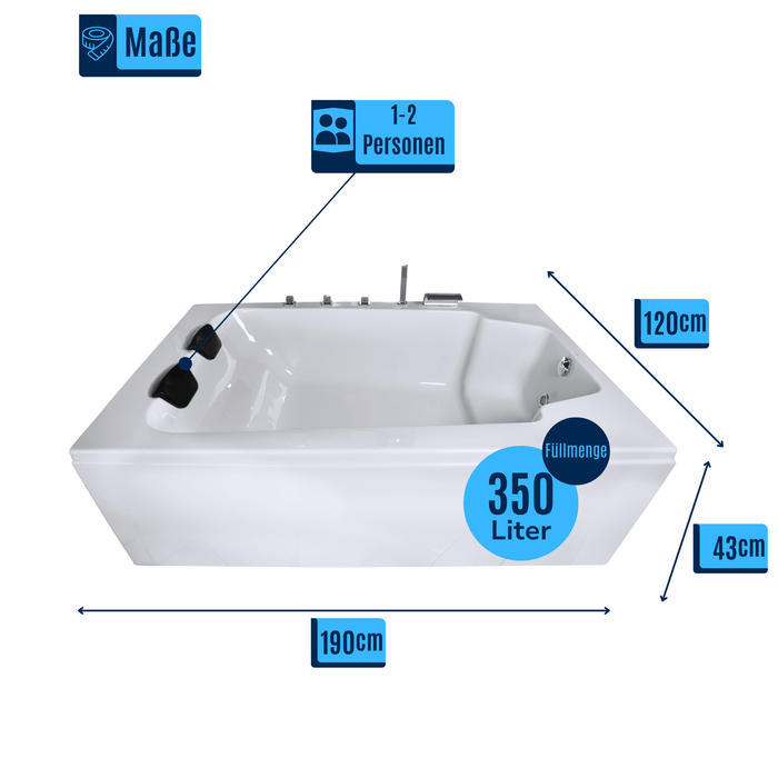 Classic Badewanne für 2 Personen - LED Ambiente, Wasserfall und Kopfstützen - Caribia