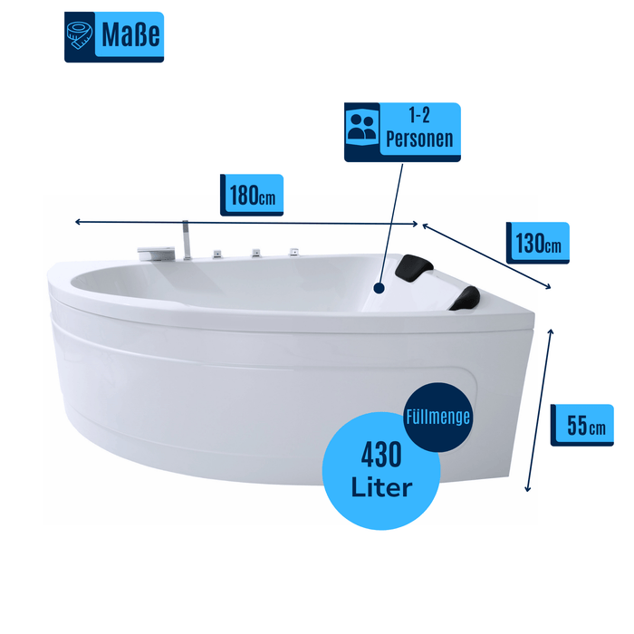Delta - XL Badewanne für 2 Personen - LED Ambiente, Wasserfall und Kopfstützen - Caribia
