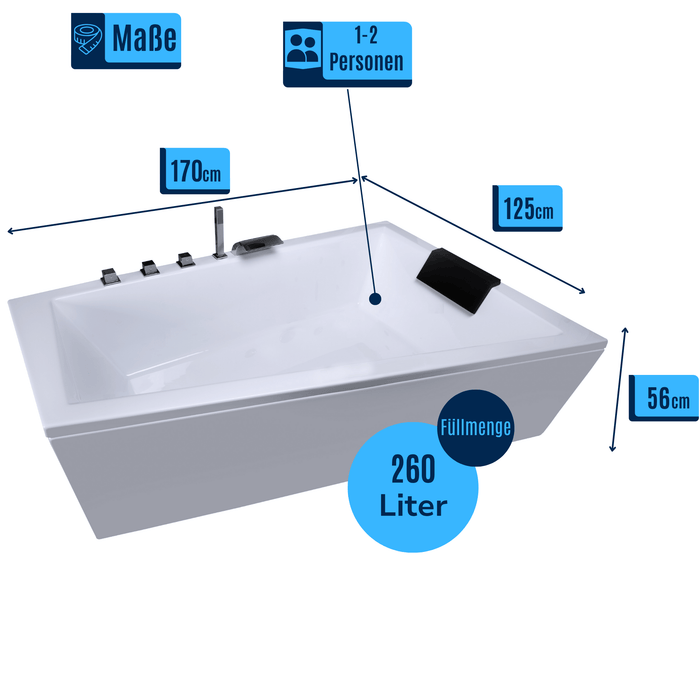 Diagool Badewanne für 2 Personen - LED Ambiente, Wasserfall und Kopfstützen - Caribia