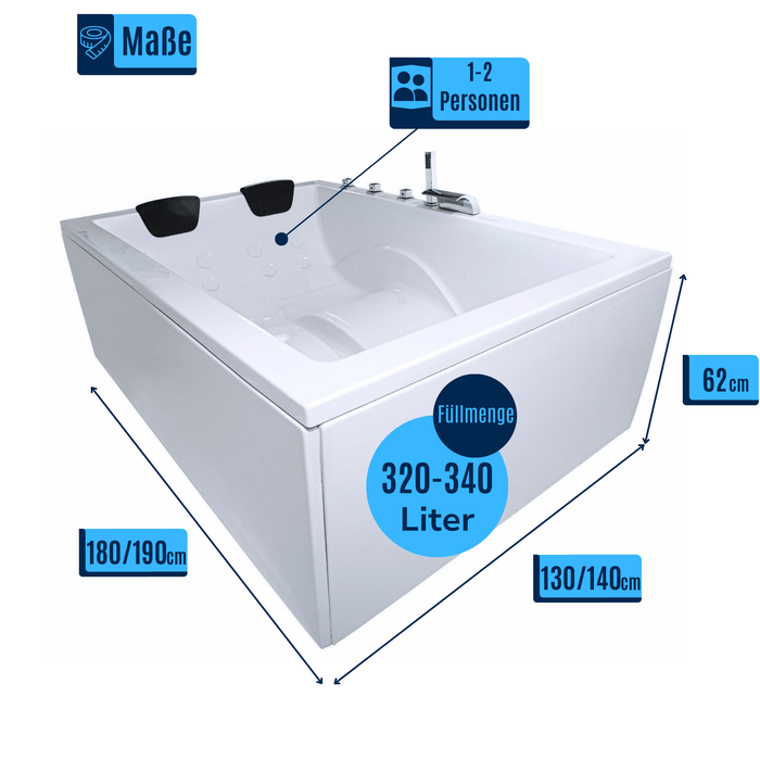 Dynasty Doppel - Badewanne für 2 Personen - LED Ambiente, Wasserfall und Kopfstützen - Caribia