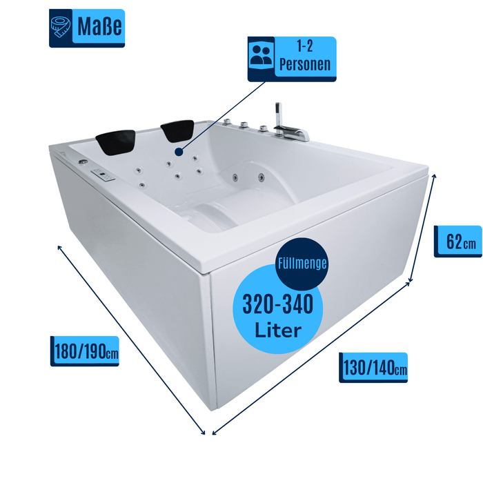 Dynasty Premium (Doppelwanne) Whirlpool – 24 Massagedüsen, LED, Ozon & Heizung - Caribia