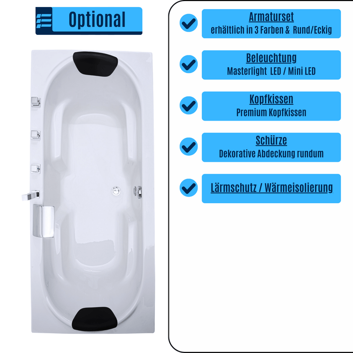 Komfort Badewanne - LED Ambiente, Wasserfall und Kopfstützen - Caribia