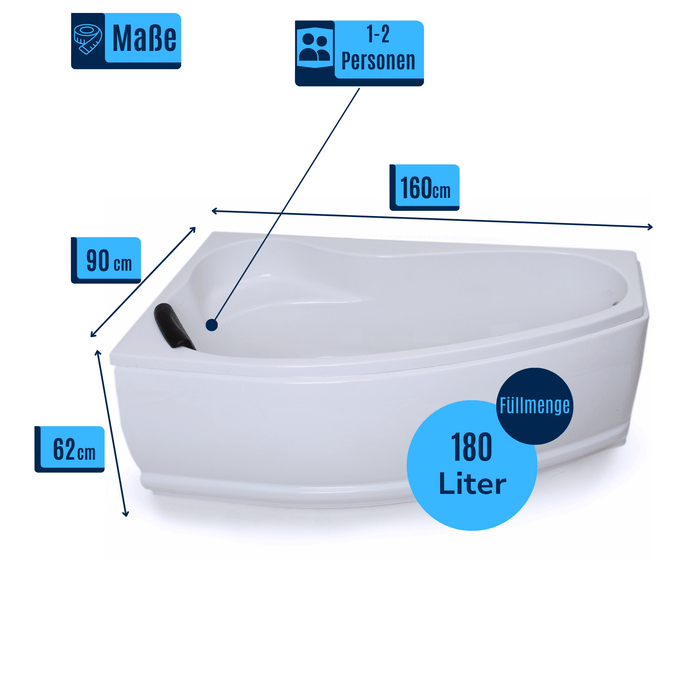 Mini Corner Badewanne für 2 Personen - LED Ambiente und Kopfstützen - Caribia