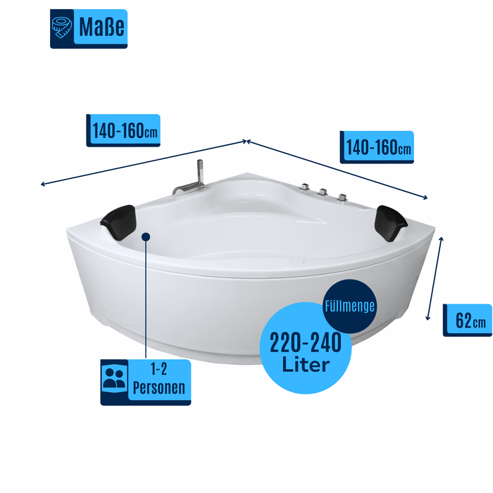 RIO Badewanne für 2 Personen - LED Ambiente, Wasserfall und Kopfstützen - Caribia