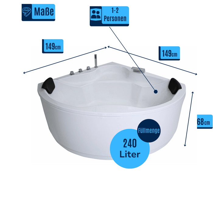 Vanaty Badewanne für 2 Personen - LED Ambiente, Wasserfall und Kopfstützen - Caribia